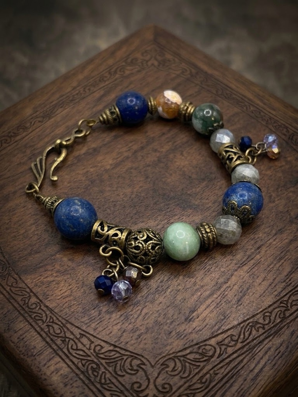 507. Vintage Artisan Lapis Mixed Gemstone Antique Brass Boho Bracelet 7.25”